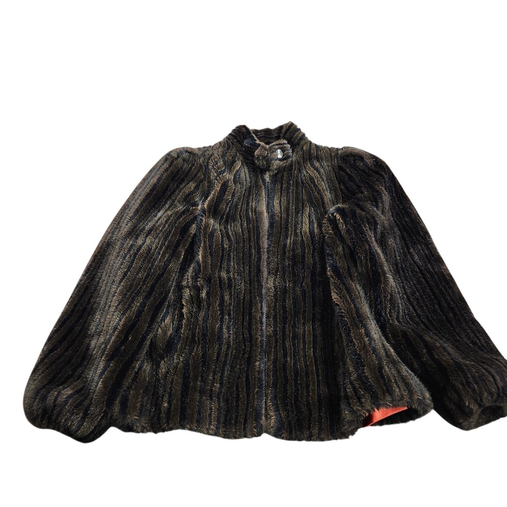 Vintage Jordache Faux Fur Striped Jacket Brown Black Zip Up Made in USA Large